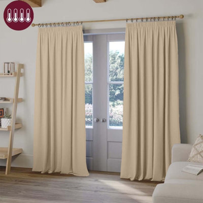 Oxford Homeware Plain Cream 230Gsm Blackout Curtain Thermal Insulated Pencil Pleat Ready Made Curtain Pair (W)168Cmx(L)183Cm