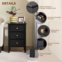 Black 3-Drawer Wooden Side Table With Metal Knobs And Sturdy Structure For Bedroom - thumbnail 6