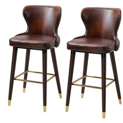 Brown Bar Stools Set Of 2 With Backrest, Pu Leather Barstools With Footrest - image 1