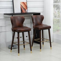 Brown Bar Stools Set Of 2 With Backrest, Pu Leather Barstools With Footrest - thumbnail 6