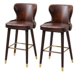 Brown Bar Stools Set Of 2 With Backrest, Pu Leather Barstools With Footrest - thumbnail 1