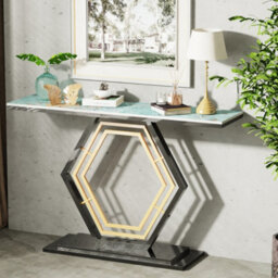 Fativo 120Cm Sintered Stone Marble Console Table Hall Display Stand Sofa Table Storage W/ Gold Stand Sturdy Legs, Green - thumbnail 7