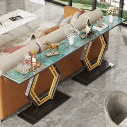 Fativo 120Cm Sintered Stone Marble Console Table Hall Display Stand Sofa Table Storage W/ Gold Stand Sturdy Legs, Green - thumbnail 9