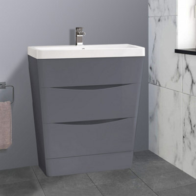 Rinse Bathrooms 800mm Gloss Grey Floor Standing 2 Drawer Vanity Unit Basin Bathroom Storage Furniture - image 1