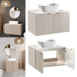 Impact Furniture Bathroom Vanity Unit With Sink 800mm Countertop Wall Hung Beige Cabinet Fluted Doors And White Worktop Cara