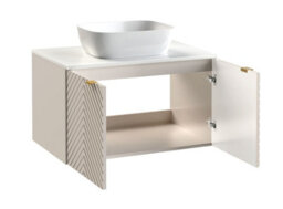 Impact Furniture Bathroom Vanity Unit With Sink 800mm Countertop Wall Hung Beige Cabinet Fluted Doors And White Worktop Cara - thumbnail 3