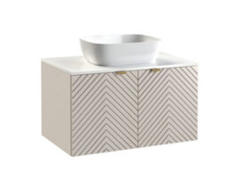 Impact Furniture Bathroom Vanity Unit With Sink 800mm Countertop Wall Hung Beige Cabinet Fluted Doors And White Worktop Cara - thumbnail 2
