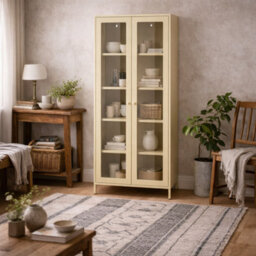 Wyld Haus Barla Beige Steel Display Cabinet With 2 Glass Doors, 1800 X 700 X 350 mm
