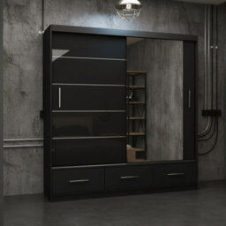 Florence 203L Sliding Wardrobe With Mirror Spacious 2 Door Storage For Bedroom And Living Room Black Semi Gloss With Mirror - thumbnail 2