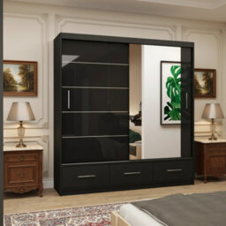 Florence 203L Sliding Wardrobe With Mirror Spacious 2 Door Storage For Bedroom And Living Room Black Semi Gloss With Mirror - thumbnail 1