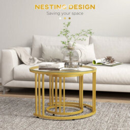 Wyld Haus Livi Set Of 2 Gold Metal And Tempered Glass Round Nesting Coffee Tables, Art Deco Stripe Design - thumbnail 4