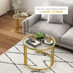 Wyld Haus Livi Set Of 2 Gold Metal And Tempered Glass Round Nesting Coffee Tables, Art Deco Stripe Design - thumbnail 6
