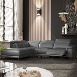Valencia Pista Modern Top Grain Leather Reclining Sectional Left Hand Facing Chaise Sofa Grey Stainless Steel Legs - thumbnail 2