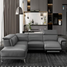 Valencia Pista Modern Top Grain Leather Reclining Sectional Left Hand Facing Chaise Sofa Grey Stainless Steel Legs - thumbnail 4