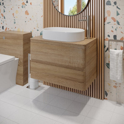 Affine 800mm Bathroom Countertop Vanity Unit Oval Fluted Basin Soft Close Wall Hung Oak - image 1