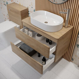 Affine 800mm Bathroom Countertop Vanity Unit Oval Fluted Basin Soft Close Wall Hung Oak - thumbnail 3