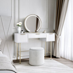 CARME Home Lara White Dressing Table With Elsie  Led Mirror & Hailey Bouclé Storage Stool