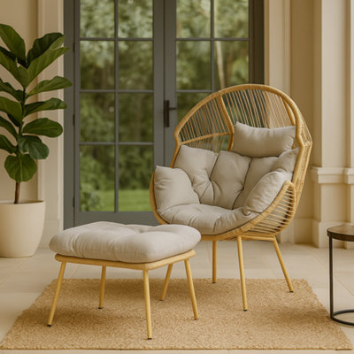 Home Republic Natural Rattan Egg Chair With Footstool Indoor Outdoor Lounger With Cushions Relax In Style