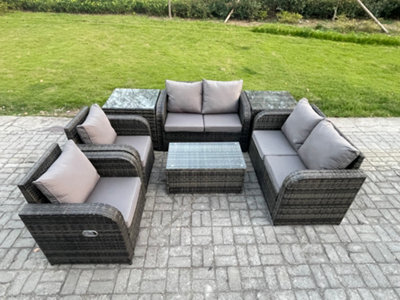 Fimous Rattan Garden Furniture Set Patio Outdoor Lounge Sofa Set With 2 Reclining Chairs Rectangular Coffee Table 2 Side Tables - image 1