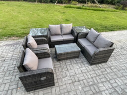 Fimous Rattan Garden Furniture Set Patio Outdoor Lounge Sofa Set With 2 Reclining Chairs Rectangular Coffee Table 2 Side Tables - thumbnail 2