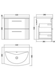 Balterley Belvide Partial Fluted 2 Drawer Wall Hung Vanity Unit With 1 Tap Hole Curved Basin- 600mm - Satin White - thumbnail 8