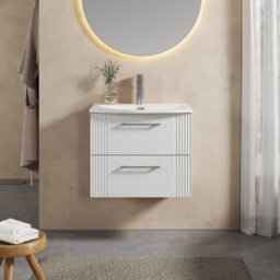 Balterley Belvide Partial Fluted 2 Drawer Wall Hung Vanity Unit With 1 Tap Hole Curved Basin- 600mm - Satin White - thumbnail 2