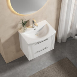 Balterley Belvide Partial Fluted 2 Drawer Wall Hung Vanity Unit With 1 Tap Hole Curved Basin- 600mm - Satin White - thumbnail 3