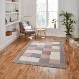 Grey Rose Polypropylene Modern Chequered Geometric Bordered Rug For Living Room Bedroom And Dining Room-160Cm X 220Cm - thumbnail 1