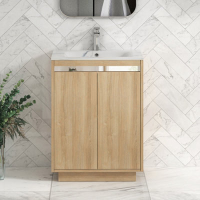 Royal Bathrooms Orion 600mm Natural Oak 2 Door Floor Standing Bathroom Vanity Unit With Carrara White Basin & Chrome Accent Trim - image 1