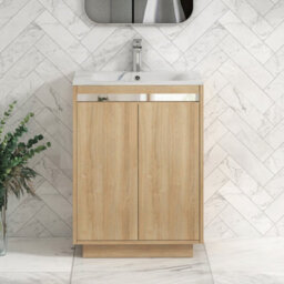 Royal Bathrooms Orion 600mm Natural Oak 2 Door Floor Standing Bathroom Vanity Unit With Carrara White Basin & Chrome Accent Trim - thumbnail 1