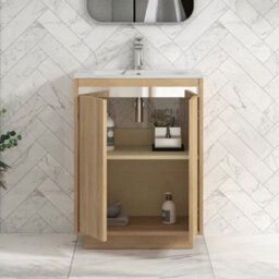 Royal Bathrooms Orion 600mm Natural Oak 2 Door Floor Standing Bathroom Vanity Unit With Carrara White Basin & Chrome Accent Trim - thumbnail 4