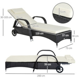 Outsunny Adjustable Wicker Rattan Sun Lounger Recliner Chair W/ Cushion Black - thumbnail 3