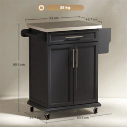 Rolling Kitchen Cart Storage Trolley With Drawer Towel Rail Steel Black - thumbnail 2