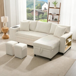 Btm Convertible Corner Sofa Bed, Usb Ports, Storageand Cushions, 3 Seater Sofa, Beige - thumbnail 4