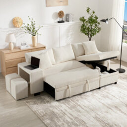 Btm Convertible Corner Sofa Bed, Usb Ports, Storageand Cushions, 3 Seater Sofa, Beige - thumbnail 2