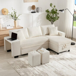 Btm Convertible Corner Sofa Bed, Usb Ports, Storageand Cushions, 3 Seater Sofa, Beige - thumbnail 3