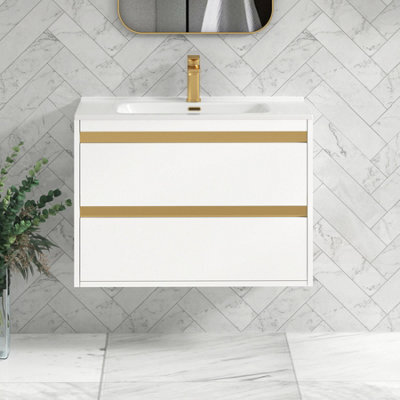 Royal Bathrooms Orion 800mm Matt White 2 Drawer Wall Hung Vanity Unit With Ceramic Basin & Brushed Brass Strip - image 1
