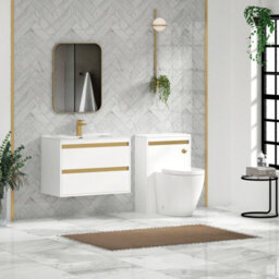 Royal Bathrooms Orion 800mm Matt White 2 Drawer Wall Hung Vanity Unit With Ceramic Basin & Brushed Brass Strip - thumbnail 3