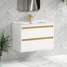 Royal Bathrooms Orion 800mm Matt White 2 Drawer Wall Hung Vanity Unit With Ceramic Basin & Brushed Brass Strip - thumbnail 5