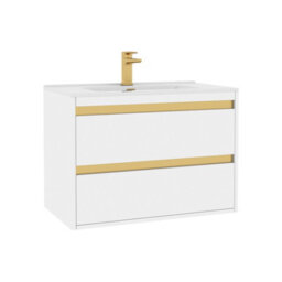 Royal Bathrooms Orion 800mm Matt White 2 Drawer Wall Hung Vanity Unit With Ceramic Basin & Brushed Brass Strip - thumbnail 7