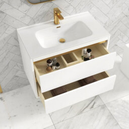 Royal Bathrooms Orion 800mm Matt White 2 Drawer Wall Hung Vanity Unit With Ceramic Basin & Brushed Brass Strip - thumbnail 4