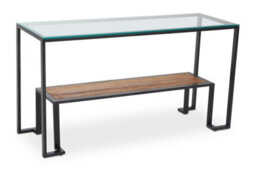 Premier Housewares Interiors By Premier Roman Console Table, Rectangular Tempered Glass Top On Black Metal Frame, Teak Wood Lower Shelf Console - thumbnail 2