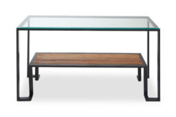 Premier Housewares Interiors By Premier Roman Console Table, Rectangular Tempered Glass Top On Black Metal Frame, Teak Wood Lower Shelf Console
