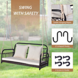 Costway 2-Person Patio Wicker Swing Chair Hanging Outdoor Swing Bench W/ Cushions - thumbnail 8