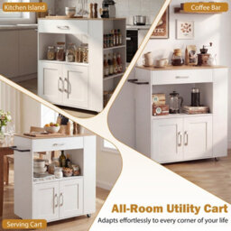 Costway Rolling Kitchen Island Mobile Kitchen Cart With Cabinet & Spice Racks-White & Natural - thumbnail 8