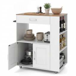 Costway Rolling Kitchen Island Mobile Kitchen Cart With Cabinet & Spice Racks-White & Natural - thumbnail 2
