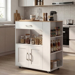 Costway Rolling Kitchen Island Mobile Kitchen Cart With Cabinet & Spice Racks-White & Natural