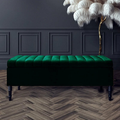 120Cm Paris Striped Ottoman Storage Bench- Plush Velvet Shoe Bench - Forest Green Upholstery Footstool With Storage - image 1