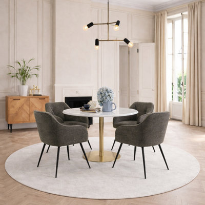 Furniture To Go Corby Round Dining Table With White Polished Marble Top & Gold Base Inc 4 Brooke Dining Chairs With Armrests In Taupe - image 1
