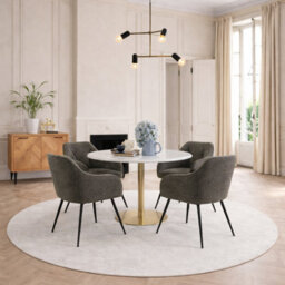 Furniture To Go Corby Round Dining Table With White Polished Marble Top & Gold Base Inc 4 Brooke Dining Chairs With Armrests In Taupe - thumbnail 1